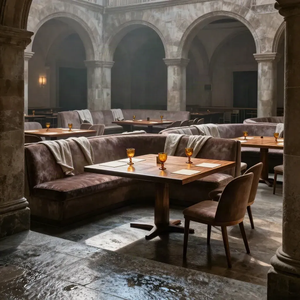 Sala storica vuota per networking, tavoli in noce e luce dorata su pavimento bagnato.