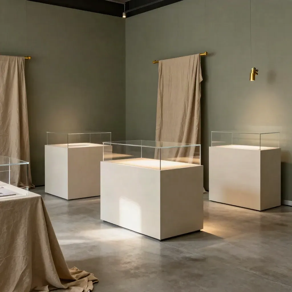 Angolo espositivo teatrale con piedistalli chiari, telai trasparenti e faretti in bronzo.