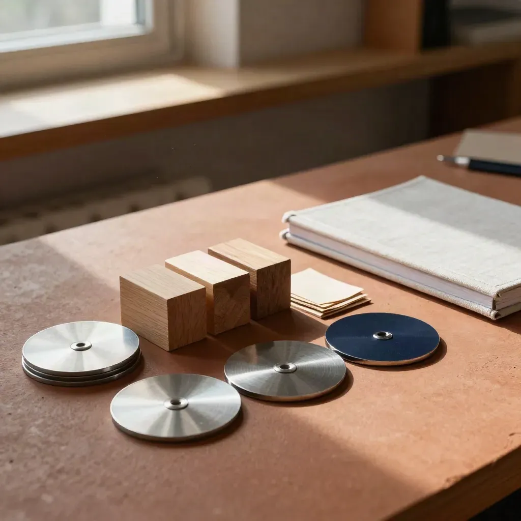Kit modulare da workshop su superficie in terracotta, con dischi magnetici, blocchi e workbook chiuso.