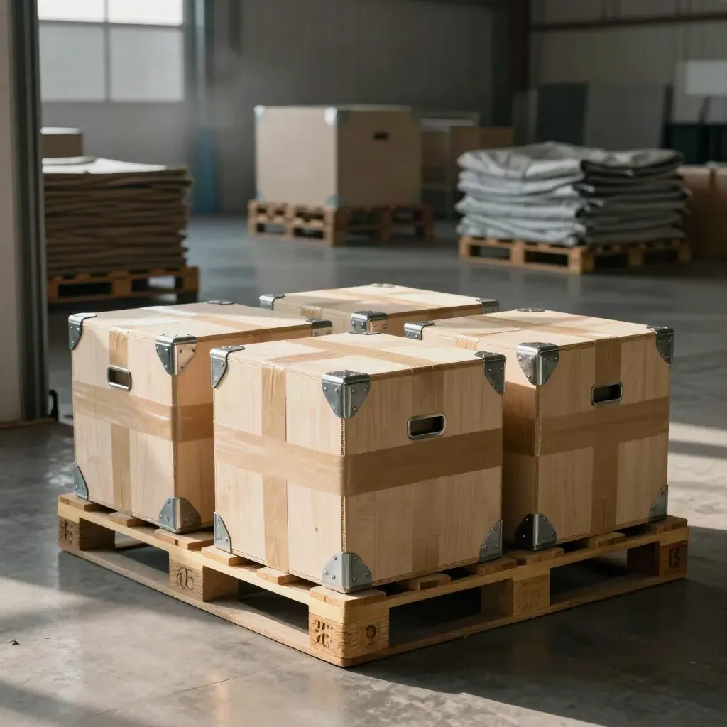 Tre casse sigillate su un pallet di spedizione in un magazzino luminoso, accanto a una sala eventi vuota.