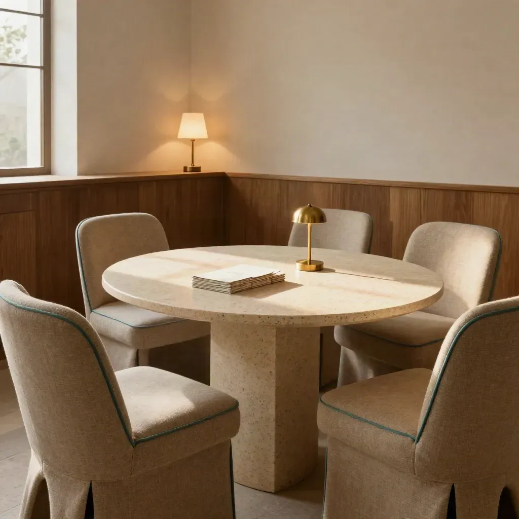 Sala consulenze pronta con sei sedie vuote, tavolo centrale e buste invito sigillate in luce calda.