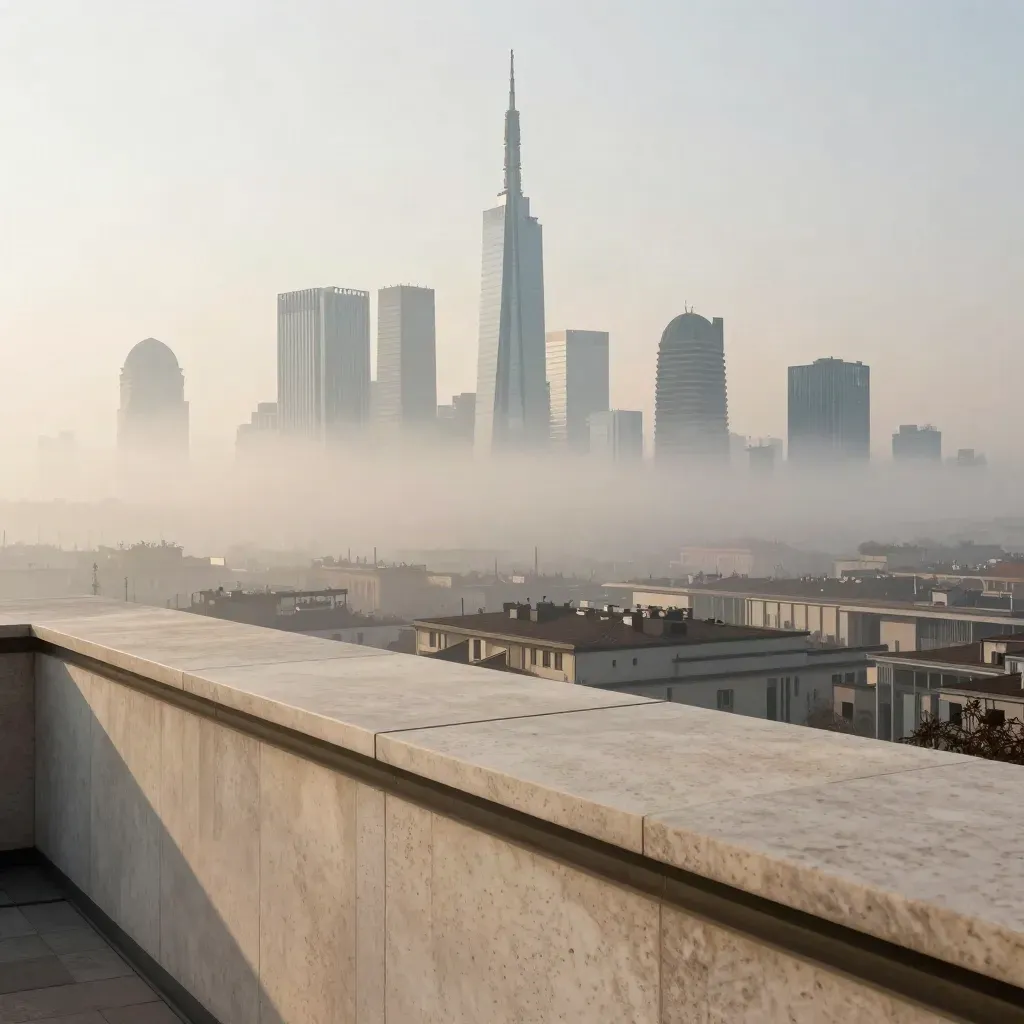 Skyline di Milano nella nebbia del mattino, con il Duomo e torri alte sopra una terrazza in travertino.