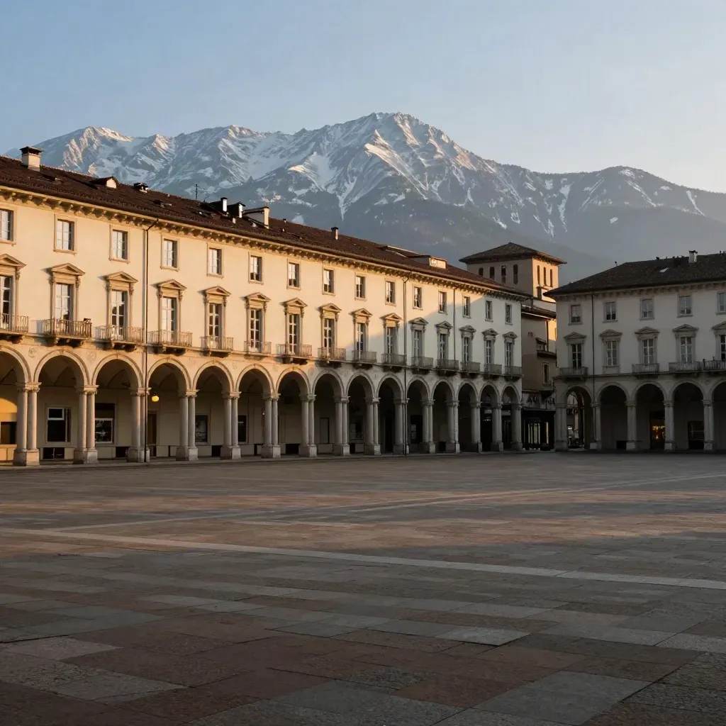 Veduta dorata di Torino con i portici e le Alpi sullo sfondo, piazza chiara e calma.