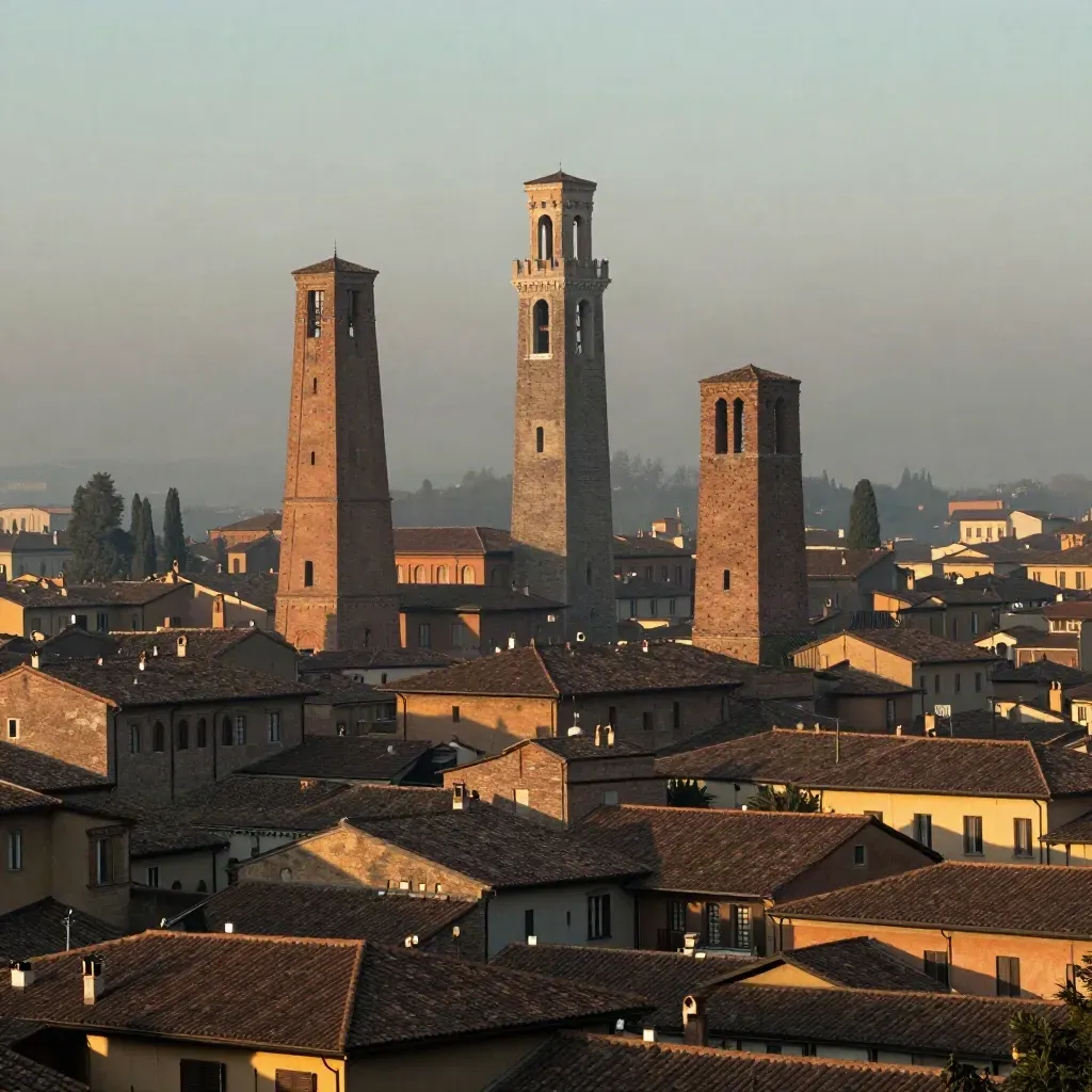 Torri di Bologna sopra la nebbia serale dell’Emilia-Romagna, tetti in terracotta