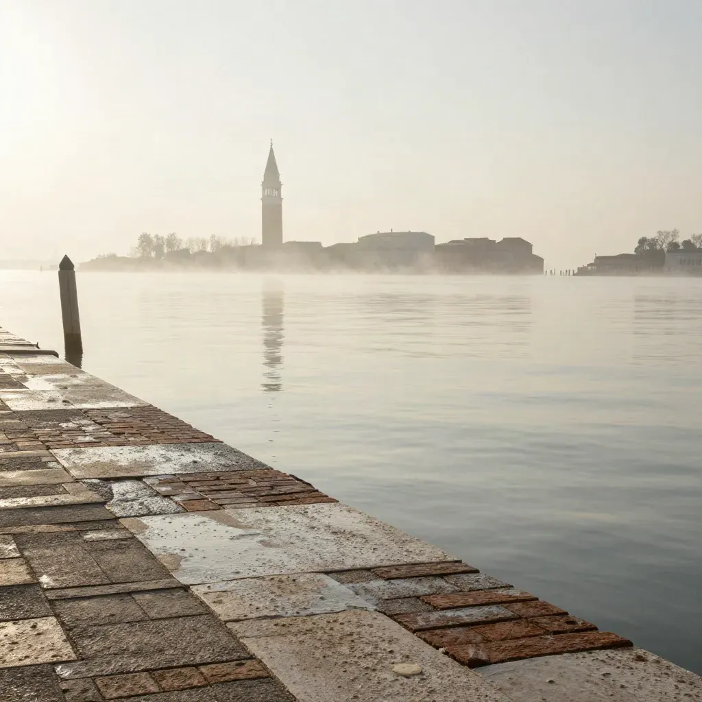Laguna di Venezia all’alba con campanile lontano e acqua calma nella nebbia